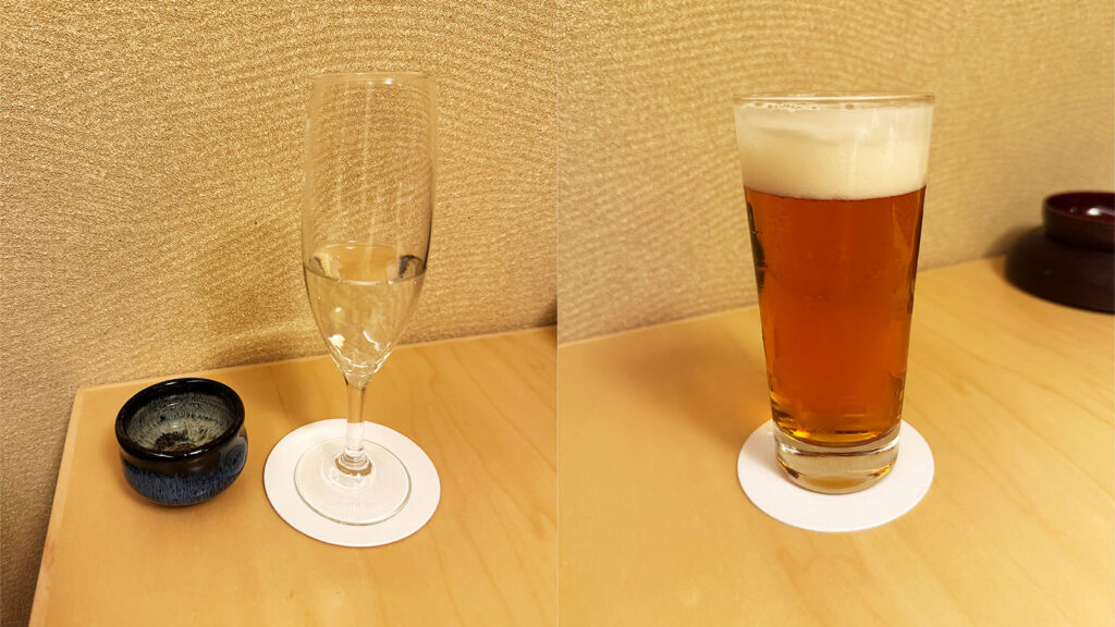 界 秋保の夕食ドリンク｜食後のデザートとともに提供されたスパークリング日本酒とビールのペアリングセット