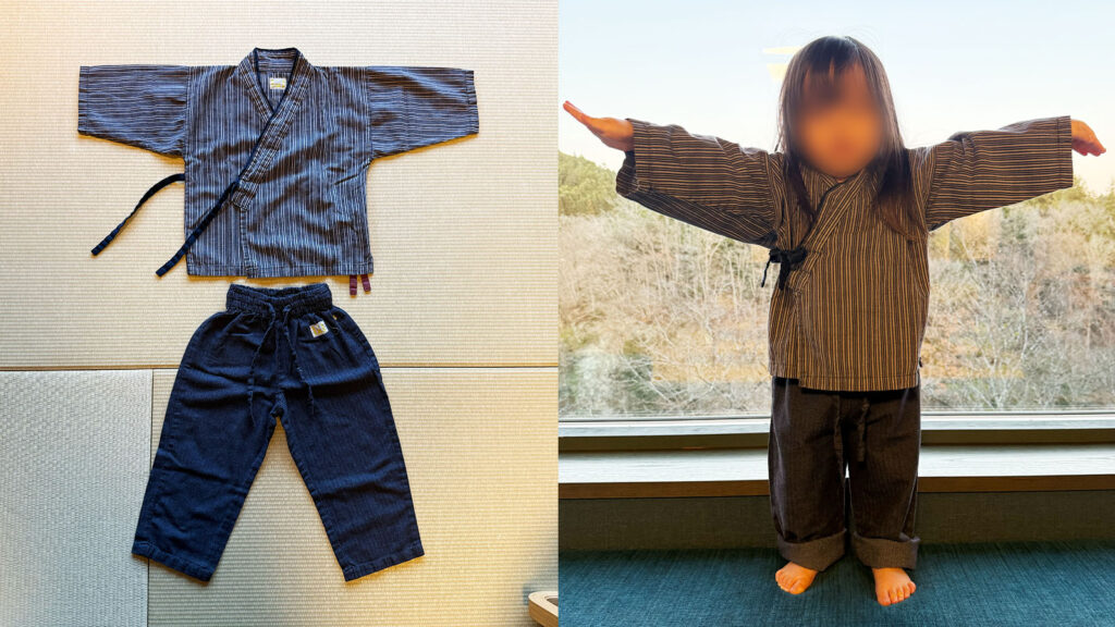 界 秋保の子ども用作務衣｜畳の上に並べたセットと着用シーン