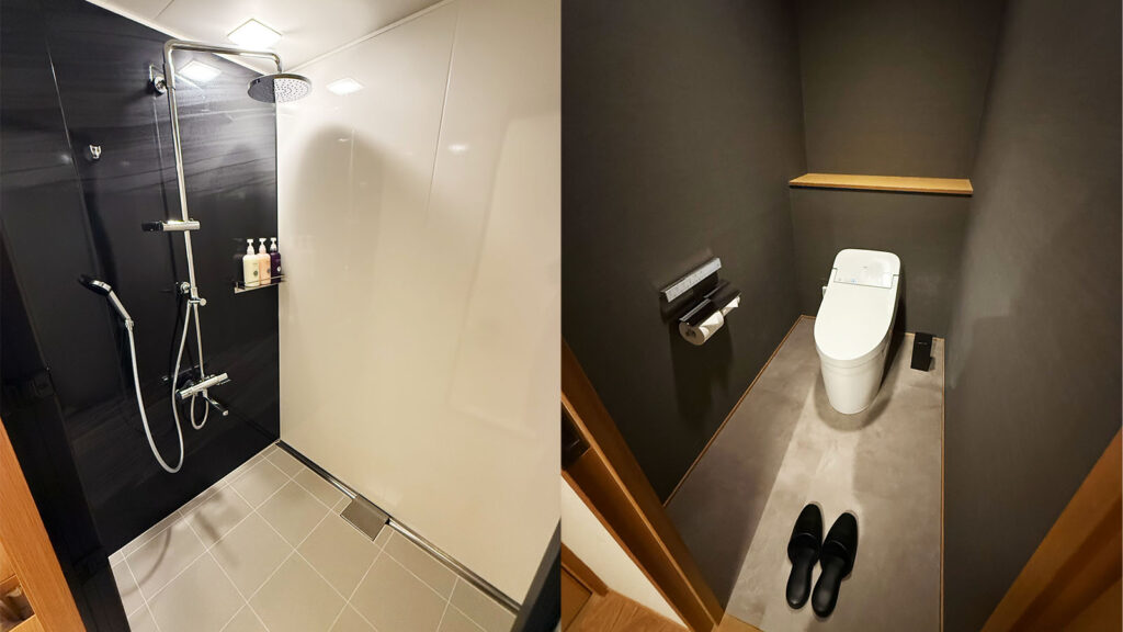 界 秋保の客室水まわり｜清潔感あるシャワールームと落ち着いたトーンのトイレ空間